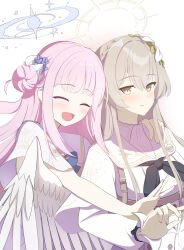 Rule 34 | 2girls, blonde hair, blue archive, feathered wings, flower, hair flower, hair ornament, halo, hamachi8, highres, hug, light blush, light smile, mika (blue archive), multiple girls, nagisa (blue archive), pink hair, smile, white background, wings, yellow eyes