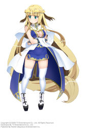 Rule 34 | 1girl, absurdly long hair, arksign, blonde hair, blue eyes, breasts, bridal gauntlets, cleavage, crossed arms, full body, highres, kimura shigetaka, long hair, looking away, low-tied long hair, obi, official art, platform footwear, pout, sash, shawl, simple background, solo, thighhighs, tiara, very long hair, white thighhighs, yui (arksign)