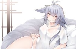 Rule 34 | 1girl, absurdres, animal ears, azur lane, blush, breasts, cleavage, ears down, eyeshadow, fox ears, fox girl, fox tail, hair between eyes, hand on own hip, highres, hip focus, kitsune, large breasts, long hair, looking at viewer, lying, makeup, multiple tails, on side, panties, parted lips, pillow, red eyeshadow, samip, shirt, short sleeves, solo, tail, tosa (azur lane), underwear, very long hair, white hair, white panties, white shirt, yellow eyes