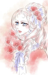 Rule 34 | 1girl, bad id, bad pixiv id, blue eyes, blush, braid, character request, flower, j2 (joki455), long hair, looking to the side, pale skin, parted lips, pink background, solo, upper body, versailles no bara