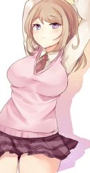 Rule 34 | 10s, 1girl, :&lt;, akamatsu kaede, arms up, blonde hair, blush, breasts, chiune (yachi), closed mouth, cowboy shot, curvy, danganronpa (series), danganronpa v3: killing harmony, fortissimo, hair ornament, hairclip, highres, large breasts, looking at viewer, musical note, musical note hair ornament, necktie, purple eyes, purple skirt, red necktie, school uniform, shadow, simple background, skirt, solo, sweater vest, thick thighs, thighs, white background