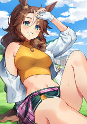 Rule 34 | 1girl, animal ears, blouse, blue sky, breasts, brown hair, cloud, commentary, day, fingerless gloves, gloves, green skirt, hair between eyes, highres, horse ears, horse girl, jacket, jewelry, looking at viewer, medium breasts, medium hair, mejiro palmer (umamusume), midriff, multicolored hair, necklace, open clothes, open jacket, outdoors, shirt, sitting, skirt, sky, sleeveless, sleeveless shirt, solo, streaked hair, suneru, sweat, thighs, umamusume, white gloves, white hair, white jacket, yellow shirt