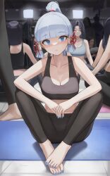 Rule 34 | 1girl, absurdres, ayaka (genshin impact), blue eyes, blue hair, blue nails, breasts, cleavage, commentary request, dolri, expressionless, genshin impact, gym, high ponytail, highres, midriff, nail polish, pants, people, ponytail, sidelocks, sitting, sports bra, toenail polish, toenails, yoga mat, yoga pants