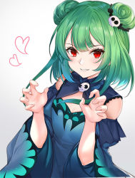Rule 34 | 1girl, bare shoulders, blue dress, blue hair, blush, breasts, claw pose, cleavage, cleavage cutout, clothing cutout, commentary request, double v, dress, gradient hair, green hair, grin, hair ornament, heart, hololive, lan yu, long sleeves, multicolored hair, parted lips, red eyes, shoulder cutout, simple background, skull hair ornament, small breasts, smile, solo, upper body, uruha rushia, uruha rushia (1st costume), v, virtual youtuber, white background, wide sleeves