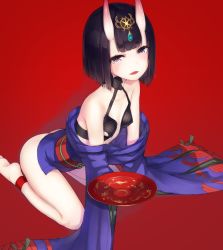 Rule 34 | 1girl, alcohol, ankleband, arm support, ass, bare shoulders, barefoot, black hair, blunt bangs, bob cut, breasts, cup, fangs, fate/grand order, fate (series), gem, hair ornament, hikimayu, holding, holding cup, horns, japanese clothes, kimono, leaning forward, looking at viewer, munuu, obi, off shoulder, oni, open mouth, purple eyes, red background, revealing clothes, sakazuki, sake, sash, seiza, short hair, shuten douji (fate), simple background, sitting, skin-covered horns, small breasts, solo, wide sleeves