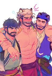 Rule 34 | 3boys, :d, abs, animal ears, arm around shoulder, bara, beard, cat boy, drunk, drunk tiger (kuro), facial hair, frown, hair slicked back, happy, highres, kuro (kuroshima kurishiro), kuroshima kurishiro (muyi24108414), large pectorals, long hair, looking at pectorals, male focus, mature male, multicolored hair, multiple boys, muscular, muscular male, mustache stubble, navel, no nipples, open mouth, original, pectorals, scar, scar on chest, short hair, squeans, smile, stomach, strongman waist, stubble, thick eyebrows, tiger boy, tiger ears, topless male, two-tone hair, undercut, white hair