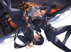 Rule 34 | 2boys, absurdres, ahoge, black hair, building, closed eyes, commentary request, embers, feet out of frame, fire, gloves, grey gloves, hair between eyes, highres, holding hands, honebami toushirou, long hair, looking at viewer, male focus, military, military uniform, multiple boys, namazuo toushirou, nay akane, night, open mouth, parted lips, purple eyes, silver hair, smoke, touken ranbu, uniform, upside-down