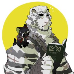 Rule 34 | 2boys, arknights, bara, black fur, black shirt, book, border, cat, chain, furry, furry male, highres, holding, holding book, looking at another, luo xiaohei, luo xiaohei zhanji, male focus, mountain (arknights), multiple boys, reading, round border, shirt, simple background, sleeveless, surprised, sweatdrop, tiger, tiger boy, wincalblanke