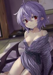 Rule 34 | 1girl, ahoge, akisome hatsuka, alternate costume, bare shoulders, bat wings, bath yukata, belt, black belt, breasts, collarbone, commentary request, cowboy shot, futon, hair between eyes, indoors, japanese clothes, kimono, light blush, looking at viewer, medium breasts, no bra, off shoulder, open clothes, purple hair, purple kimono, red eyes, remilia scarlet, short hair, sitting, smile, solo, thighs, touhou, wings, yukata