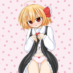 Rule 34 | 1girl, ahoge, ascot, blonde hair, blush, clothes lift, fuurai mamuru, hair ribbon, lifting own clothes, long sleeves, looking at viewer, midriff, navel, open mouth, panties, pantyshot, pink background, pink panties, polka dot, polka dot background, red eyes, ribbon, rumia, shirt, skirt, skirt lift, skirt set, solo, standing, touhou, underwear, upskirt, vest