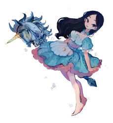 1girl alice:_madness_returns alice_in_wonderland alice_liddell_(american_mcgee&#039;s_alice) american_mcgee&#039;s_alice aqua_dress barefoot black_eyes black_hair dovebread dress highres holding holding_weapon looking_at_viewer solo weapon