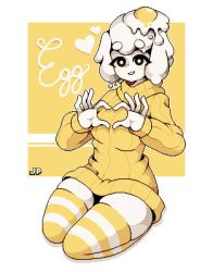 Rule 34 | 1girl, black eyes, borrowed character, breasts, bright pupils, character name, dripping, egg, egg (food), egg (lemyawn), food, full body, heart, heart hands, joshua pixels, long sleeves, looking at viewer, medium hair, orange sweater, original, outline, parted lips, pixel art, ribbed sweater, seiza, sitting, skindentation, smile, solo, striped clothes, striped thighhighs, sunny side up egg, sweater, thighhighs, thighs, turtleneck, turtleneck sweater, white hair, white outline, white pupils