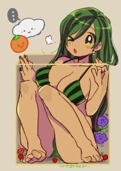 Rule 34 | &gt; o, ..., 1girl, barefoot, berry, bikini, black hair, blush, box, breasts, earrings, food, fruit, grapes, green bikini, green eyes, green hair, in box, in container, jewelry, large breasts, long hair, mago, multicolored hair, one eye closed, open mouth, orange (fruit), personification, puff of air, simple background, sitting, solo, spoken ellipsis, strawberry, striped bikini, striped clothes, suika game, swimsuit