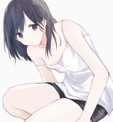 Rule 34 | 1girl, bare shoulders, black eyes, black hair, breasts, camisole, collarbone, commentary request, looking at viewer, medium hair, original, shorts, simple background, sleeveless, small breasts, solo, tank top, thighs, white background, yukimori nene