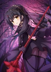 Rule 34 | 1girl, black hair, blush, bodysuit, cosplay, fate/kaleid liner prisma illya, fate (series), floating hair, forest, hair between eyes, highres, holding, holding weapon, long hair, looking at viewer, miyu edelfelt, morokoshi (tekku), nature, night, open mouth, outdoors, polearm, scathach (fate), scathach (fate) (cosplay), shiny clothes, solo, spear, tree, weapon, yellow eyes