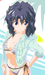 Rule 34 | 1girl, abstract background, amagami, anchor symbol, bikini, bikini under clothes, black eyes, black hair, breasts, cleavage, from above, hand on own hip, hand on thigh, highres, jacket, long hair, looking to the side, messy hair, no pants, open clothes, open jacket, side-tie bikini bottom, simple background, sleeves rolled up, smile, solo, striped bikini, striped clothes, summer, swimsuit, swimsuit under clothes, tanamachi kaoru, winu (pixiv288510)