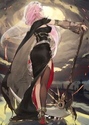 Rule 34 | 1girl, black dress, breasts, brown sky, brown thighhighs, cloud, dress, fadingz, highres, holding, holding scythe, hololive, hololive english, long hair, looking at viewer, medium breasts, mori calliope, mori calliope (1st costume), outdoors, pink hair, scythe, see-through, see-through sleeves, single thighhigh, solo, standing, thighhighs, veil, virtual youtuber