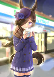 Rule 34 | 1girl, absurdres, animal ears, baozi, blurry, blurry background, blush, building, coat, convenience store, cowboy shot, eating, familymart, food, hair over one eye, hat, highres, holding, holding food, horse ears, horse girl, horse tail, long sleeves, looking at viewer, night, open mouth, outdoors, pleated skirt, purple eyes, rice shower (umamusume), scarf, shop, skirt, solo, steam, striped clothes, striped scarf, tail, thighhighs, umamusume, yonatsu yoshiaki
