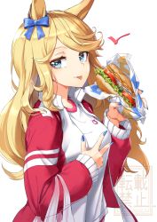 Rule 34 | 1girl, blonde hair, blue bow, blue eyes, blush, bow, dated, ear blush, food, gold city (umamusume), highres, holding, holding food, jacket, kagami (haret46), lettuce, long hair, long sleeves, looking at viewer, onion, open clothes, open jacket, sandwich, shirt, signature, simple background, solo, tomato, tongue, tongue out, tracen training uniform, track jacket, umamusume, v, white background, white shirt