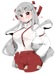 Rule 34 | 1girl, absurdres, blush, bow, breasts, collared shirt, cropped legs, fujiwara no mokou, grin, hair bow, hair ribbon, hands in pockets, heart, highres, large breasts, long hair, long sleeves, looking at viewer, ofuda, ofuda on clothes, pants, pocket, red eyes, red pants, ribbon, shirt, sidelocks, silver hair, simple background, smile, solo, standing, suspenders, takeu, thick eyebrows, touhou, upper body, very long hair, white background, white shirt, wing collar