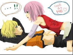 Rule 34 | 1boy, 1girl, appletax, arm warmers, bare shoulders, bike shorts, blonde hair, blue eyes, character name, couple, english text, eye contact, from side, green eyes, haruno sakura, image sample, jacket, looking at another, lying, miniskirt, naruto (series), naruto shippuuden, navel, on back, open mouth, pants, parted lips, pink hair, pixiv sample, red shirt, resized, shirt, short hair, shorts, shorts under skirt, simple background, skirt, sleeveless, sleeveless shirt, speech bubble, straddling, uzumaki naruto, white background, white skirt
