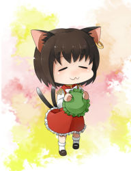 Rule 34 | 1girl, :3, animal ears, blush, cat ears, cat tail, chen, earrings, grimay, hat, jewelry, multiple tails, short hair, skirt, solo, tail, touhou