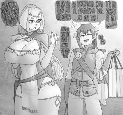 Rule 34 | 1boy, 1girl, bag, belt, breasts, bridal gauntlets, ekz (robotekz), english text, greyscale, hand on own chest, highres, huge breasts, long hair, monochrome, open mouth, patch, shopping bag, skin tight, sound effects, sword, thighhighs, weapon