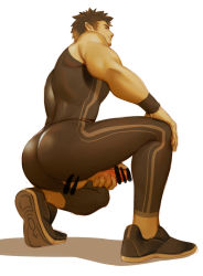 Rule 34 | 1boy, ass, bar censor, bara, bare shoulders, black bodysuit, black hair, bodysuit, censored, chrisanother, erection, facial hair, full body, highres, male focus, muscular, original, penis, shoes, short hair, sideburns, skin tight, sleeveless, solo, squatting, testicles, thick thighs, thighs, tight clothes, white background