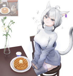 Rule 34 | 1girl, :3, absurdres, ahoge, animal ears, warrior of light (ff14), braid, breasts, cat, cat ears, cat tail, chair, earrings, facial mark, fang, final fantasy, final fantasy xiv, flower, food, grey eyes, grey hair, highres, jewelry, looking at viewer, medium breasts, meme, mihato senba, miqo&#039;te, multicolored hair, off shoulder, photo-referenced, reference inset, short hair, sitting, skin fang, slit pupils, solo, table, tail, thighhighs, turtleneck, twin braids, two-tone hair, vase, waffle, whisker markings, white background