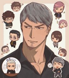 Rule 34 | 1girl, 3boys, ^^^, character request, chibi, chibi inset, collared shirt, facial hair, goatee stubble, grey hair, highres, light smile, looking to the side, multiple boys, music, pectoral cleavage, pectorals, portrait, round eyewear, ryuu ga gotoku (series), shirt, singing, smile, solo focus, stubble, sunglasses, tonta (tonta1231), tsurime, v-shaped eyebrows