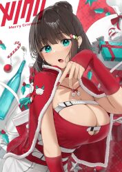 Rule 34 | 1girl, blue eyes, blush, bottle, box, breasts, brown hair, candy, candy cane, cape, chest belt, choker, cleavage, dango hair ornament, detached sleeves, earrings, food, food-themed hair ornament, fur-trimmed cape, fur trim, gift, gift box, hair bun, hair ornament, highres, jewelry, large breasts, looking at viewer, noeru, open mouth, original, red cape, red choker, red nails, red shirt, shirt, single hair bun, sleeves past wrists, solo