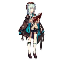 Rule 34 | 1girl, animal ears, arknights, bear ears, black skirt, book, braid, cyrillic, full body, green eyes, grey hair, hair ornament, holding, holding book, istina (arknights), kneehighs, long hair, looking at viewer, monocle, official art, parted lips, pleated skirt, russian text, single braid, skade, skirt, socks, solo, star (symbol), star hair ornament, translated, transparent background, white socks