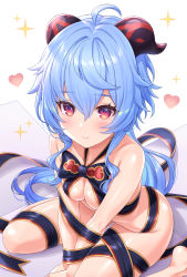 Rule 34 | 1girl, bare shoulders, barefoot, between legs, black bow, black ribbon, blue hair, blush, bow, box, breasts, cleavage, closed mouth, collarbone, commentary request, ganyu (genshin impact), genshin impact, hair between eyes, hand between legs, heart, highres, horns, in box, in container, leaning forward, long hair, looking at viewer, medium breasts, naked ribbon, red eyes, ribbon, simple background, sitting, smile, solo, sparkle, tomo (tmtm mf mf), very long hair, wariza, white background