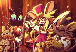 Rule 34 | 1girl, 4boys, animal ears, arinu, blue eyes, blush stickers, bow, bowtie, bracelet, breasts, claws, cleavage, double bass, dress, drum, drum set, ear tag, gloves, green hair, hat, heart (mad rat dead), instrument, jewelry, mad rat, mad rat dead, microphone stand, mob rat (mad rat dead), mouse (animal), mouse ears, mouse girl, mouse tail, multiple boys, music, nippon ichi, rat god, red eyes, saxophone, stitches, tail, the cat (mad rat dead), tie clip, top hat, whiskers, wings