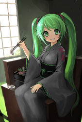 Rule 34 | 1girl, black kimono, chopsticks, clothes writing, day, green eyes, green hair, hatsune miku, highres, hiro1984, holding, holding chopsticks, indoors, japanese clothes, kimono, long hair, looking at viewer, parted lips, scrunchie, sketch, smile, solo, spring onion, twintails, very long hair, vocaloid, window