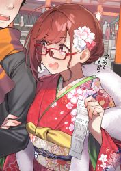 Rule 34 | 1boy, 1girl, 92m, ahoge, alternate hairstyle, commentary request, floral print, glasses, hair ornament, highres, holding, japanese clothes, kimono, kinshi no ane (92m), open mouth, original, pink eyes, print kimono, red-framed eyewear, red hair, red kimono, short hair, smile, translation request