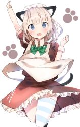 Rule 34 | 1girl, :d, animal ears, arm up, blonde hair, blue eyes, blush, bow, bowtie, breasts, cat ears, cat tail, commentary, cropped legs, green bow, green bowtie, idemitsu, looking at viewer, maid, maid headdress, open mouth, original, paw print, simple background, smile, solo, tail, white background, wrist cuffs