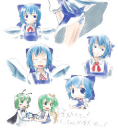 Rule 34 | 3girls, antennae, blue eyes, blue hair, blush stickers, bow, cape, chibi, cirno, daiyousei, embodiment of scarlet devil, fairy wings, female focus, green eyes, green hair, hair bow, ice, kusaba, kusaba (kusabashiki), multiple girls, panties, side ponytail, sketch, striped clothes, striped panties, touhou, translation request, underwear, wings, wriggle nightbug