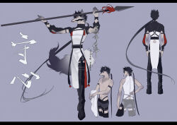 Rule 34 | 1boy, animal ears, arm garter, arms up, bishounen, black footwear, black fur, black hair, black pants, body fur, character sheet, chinese text, from behind, full body, furry, furry male, grey background, grey fur, holding, holding polearm, holding weapon, kinsatsu (grizzled), kunai, legwear garter, long hair, looking to the side, low ponytail, male focus, mouth hold, multiple views, no shirt, original, pants, polearm, short hair with long locks, shrug (clothing), side slit, simple background, sleeveless, standing, tail, tassel, very long hair, weapon, wolf boy, wolf ears, wolf tail, yellow eyes