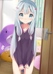 Rule 34 | 10s, 1girl, 3:, artist name, bed, blue eyes, blue hair, blush, bow, closed mouth, covering privates, covering crotch, deviantart username, eromanga sensei, frown, hair bow, highres, indoors, izumi sagiri, lineflo, long hair, long sleeves, looking at viewer, low-tied long hair, nervous, open door, panties, pink bow, pixiv username, purple shirt, shirt, solo, standing, stuffed animal, stuffed toy, underwear, v arms, watermark, web address, white panties, wooden floor