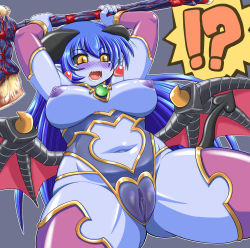 Rule 34 | !?, 1girl, astaroth (shinrabanshou), axe, black sclera, blue hair, blue skin, blush, breastless clothes, breasts, clitoris, colored sclera, colored skin, demon tail, detached sleeves, earrings, heart, heart earrings, horns, jewelry, large breasts, muhyowo, navel, nipples, pussy, see-through, shinrabanshou, solo, tail, tears, thighhighs, uncensored, weapon, wings, yellow eyes