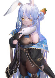 Rule 34 | 1girl, animal ears, black jacket, black leotard, blue hair, carrot hair ornament, cleavage, cosplay, cowboy shot, don-chan (usada pekora), food-themed hair ornament, fuyouchu, hair bun, hair ornament, highres, hololive, houshou marine, houshou marine (marching band), houshou marine (cosplay), jacket, leotard, long sleeves, looking at viewer, multicolored hair, open clothes, open jacket, panties, rabbit ears, see-through, see-through cleavage, simple background, single side bun, solo, standing, thick eyebrows, two-tone hair, underwear, usada pekora, virtual youtuber, white background, white hair, yellow eyes