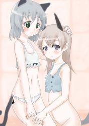 Rule 34 | 2girls, animal ears, blonde hair, blue 0129, blue eyes, blush, eila ilmatar juutilainen, green eyes, hand on another&#039;s head, lingerie, long hair, multiple girls, no panties, panties, sanya v. litvyak, short hair, silver hair, smile, strike witches, string, string of fate, tail, underwear, world witches series, yukihyou (blue 0129)
