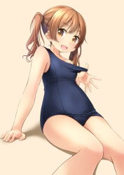 Rule 34 | 1girl, :d, arm support, bare arms, bare shoulders, blue one-piece swimsuit, blush, breasts, brown background, brown eyes, brown hair, collarbone, commentary request, feet out of frame, highres, looking at viewer, old school swimsuit, one-piece swimsuit, open mouth, original, pulling own clothes, school swimsuit, shibacha, sidelocks, simple background, small breasts, smile, solo, strap pull, swimsuit, twintails