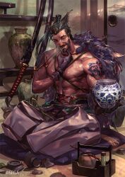 1boy bara beard character_request connected_beard copyright_notice facial_hair katana kiseru male_focus mature_male muscular muscular_male official_art porcelain pottery sengoku_taisen sitting sliding_doors smoking_pipe so-taro solo sword tatami topless_male vase weapon