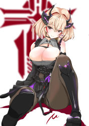 Rule 34 | 1girl, armored boots, azur lane, black choker, black dress, black footwear, black gloves, blonde hair, boots, breasts, choker, dress, elbow gloves, fake horns, full body, gloves, highres, horns, iron blood (emblem), large breasts, medium hair, multicolored hair, p.i.t.d, pantyhose, purple eyes, red hair, roon (azur lane), roon (muse) (azur lane), simple background, skin tight, solo, streaked hair