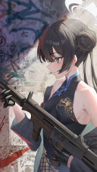 1girl absurdres bare_shoulders black_dress black_gloves blue_archive braid braided_bun breasts china_dress chinese_clothes cs/ls06 dragon_print dress gloves graffiti grey_eyes grey_halo grey_jacket hair_bun halo highres jacket kisaki_(blue_archive) looking_to_the_side pinstripe_jacket pinstripe_pattern print_dress profile small_breasts solo striped_clothes striped_jacket twintails two-sided_fabric two-sided_jacket upper_body vertical-striped_clothes vertical-striped_jacket xian_shui_chang_chong