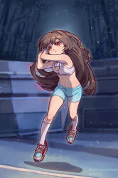 Rule 34 | 1girl, absurdres, armband, bamboo, bamboo forest, blue shorts, breasts, brown hair, cleavage, cleavage cutout, closed mouth, clothing cutout, commentary request, dated, exercise, flying sweatdrops, forest, highres, houraisan kaguya, jumping, long hair, looking ahead, nature, navel, nero augustus, night, outdoors, partial commentary, pink sports bra, racket, red eyes, serious, shadow, shoes, shorts, signature, small breasts, socks, solo, sports bra, sportswear, stomach, sweat, swinging, tennis court, tennis racket, thighhighs, touhou, very long hair, white socks