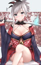 Rule 34 | 1girl, asymmetrical hair, bad id, bad pixiv id, blue sleeves, blush, breasts, choker, cleavage, crossed legs, detached sleeves, fate/grand order, fate (series), grey eyes, hair ornament, head tilt, highres, holding, holding sword, holding weapon, jewelry, katana, large breasts, long sleeves, looking at viewer, magatama, magatama necklace, miyamoto musashi (fate), miyamoto musashi (third ascension) (fate), mo (mainiti omoti), necklace, silver hair, sitting, solo, swept bangs, sword, weapon, wide sleeves