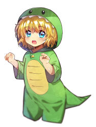 Rule 34 | 1girl, :o, aged down, air (visual novel), blonde hair, blue eyes, blush, child, commentary, cosplay, cowboy shot, dinosaur costume, eyes visible through hair, fingernails, hair between eyes, hood, hood up, kamio misuzu, kigurumi, lliissaawwuu2, looking at viewer, open mouth, paw pose, romaji commentary, round teeth, short hair, simple background, solo, standing, star ornament, teeth, upper teeth only, white background